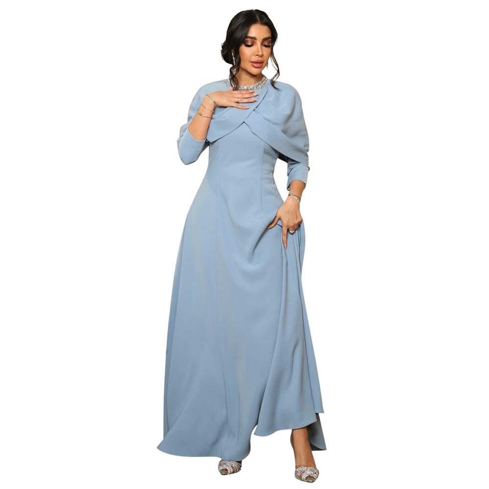 Xqy500321 Middle East Cross-Border Muslim Robe Abaya Fashion Neckline Inserted Beads Rhinestone Strip Shawl Collar Dress