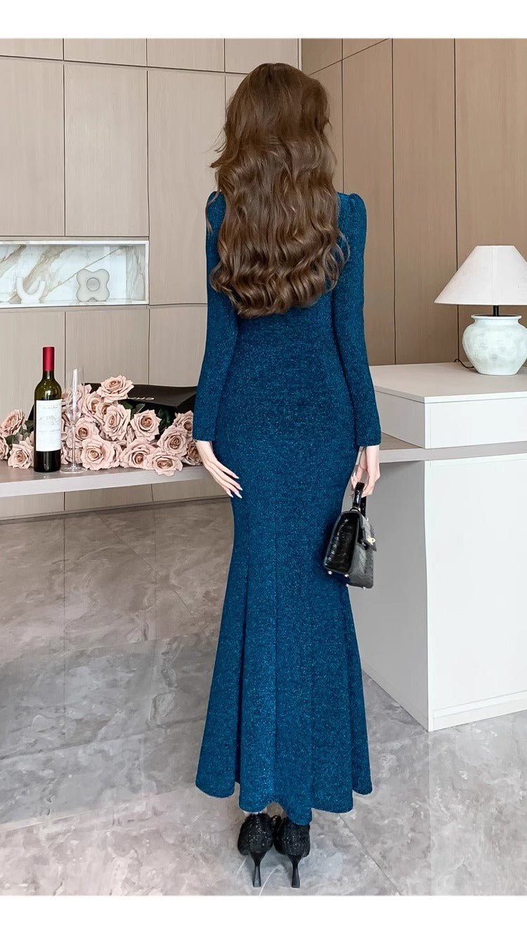 High-End Square Collar Long Sleeve Fishtail Dress Spring Fashion Graceful Formal Dress Sexy Slimming Beam Waist Hip Skirt