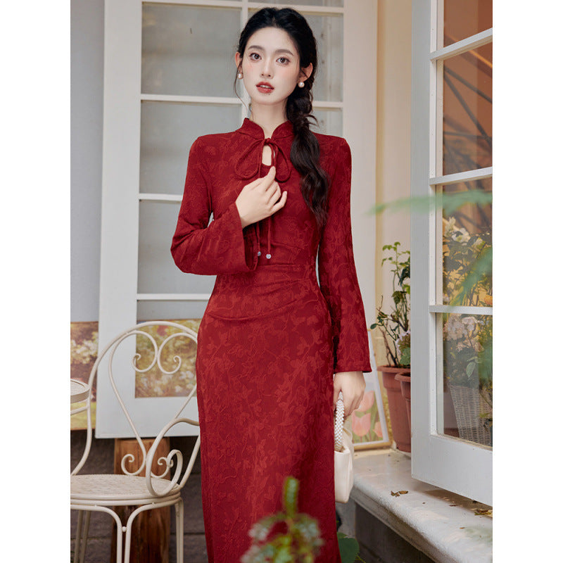 New Chinese Style Women's Long Sleeve Wine Red Dark Pattern Improved Engagement Cheongsam Family Visiting Shoes Toast Dress Wedding Dress