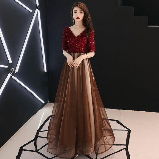 Summer Evening Dress for Women Banquet Temperament Annual Meeting Long Style 2024 New Modern Socialite Host Wine Red Autumn