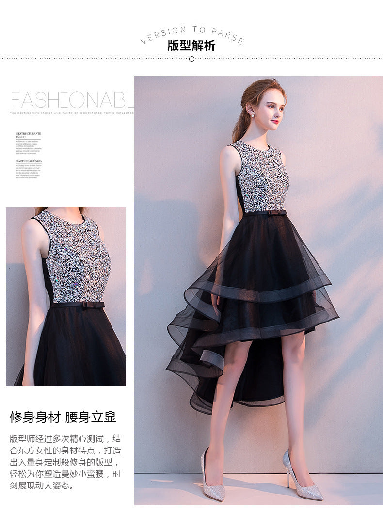 Black Evening Dress Women's New Banquet Noble Performance Front Short Back Long Host round Neck Sequins Small Dress Stage