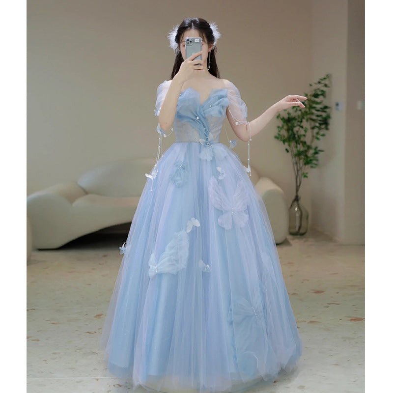 Blue Banquet Evening Dress for Women 2024 New High-Grade Princess on the Run Toast Dress Fairy Light Luxury Annual Meeting Dress