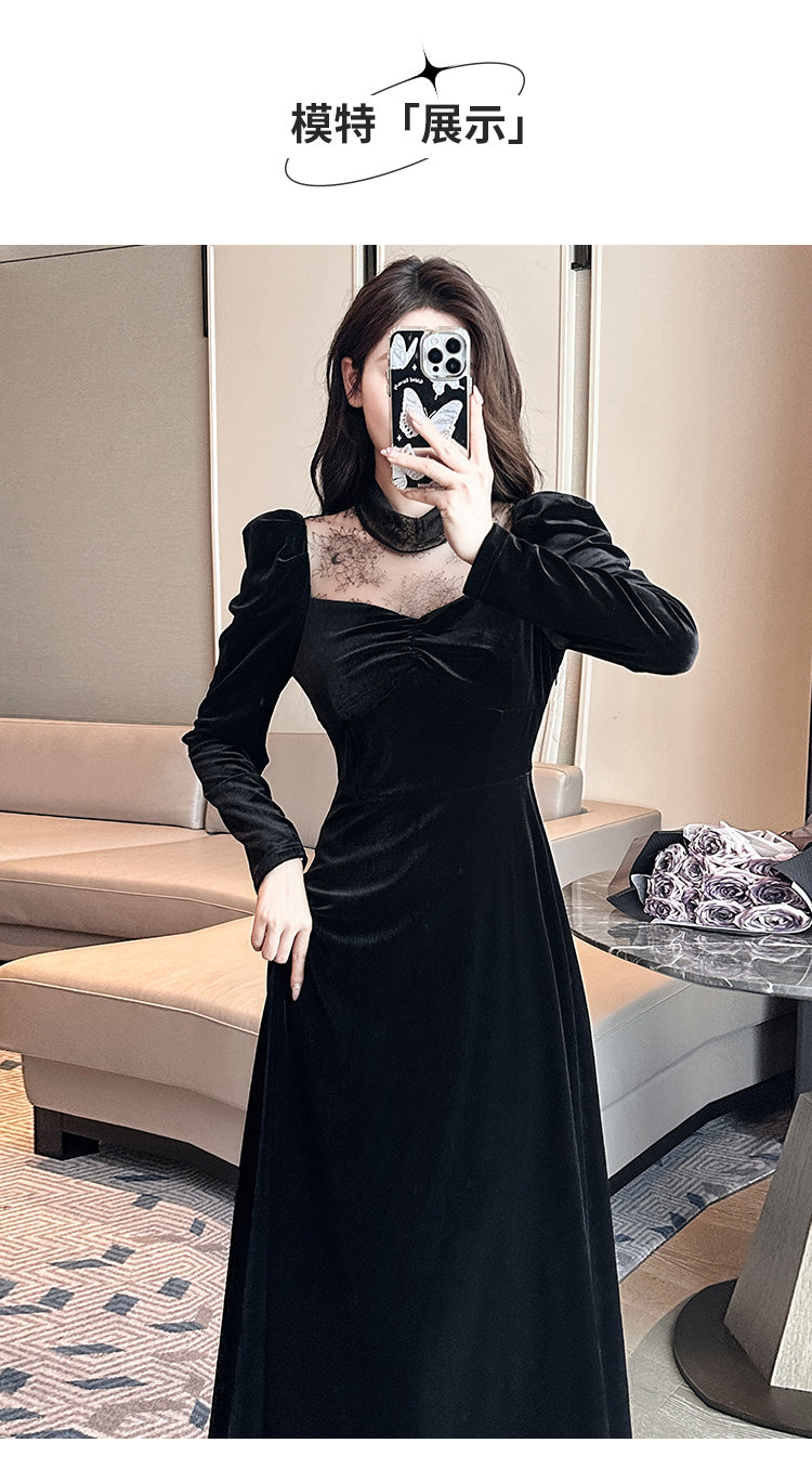 2023 Autumn and Winter Annual Party Party Dress Skirt ~ French Style Hepburn Elegant Half Turtleneck Lace Stitching Velvet Dress