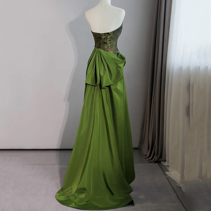 Green New Chinese Style Morning Gowns Dress Toast Dress Bride Engagement Dress Light Luxury Minority Long Tube Top Dress