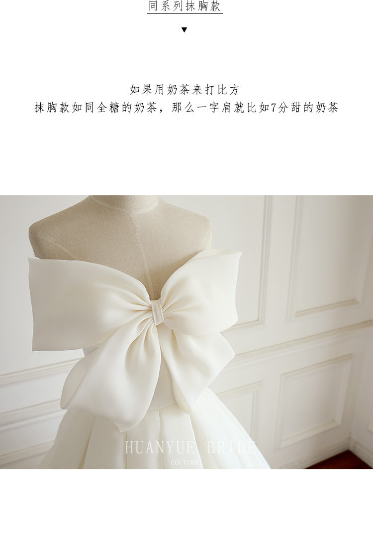 Satin Light Wedding Dress Simple Sweet Bow off-Shoulder Art Exam Slimming Floor-Length Host Banquet Evening Dress for Women