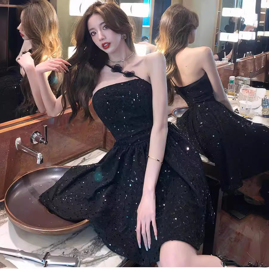 6155 Cross-Border in Stock 2024 New Sweet Lady Heavy Craft Sequin Slim Fit Bandeau One-Shoulder Dress Dress