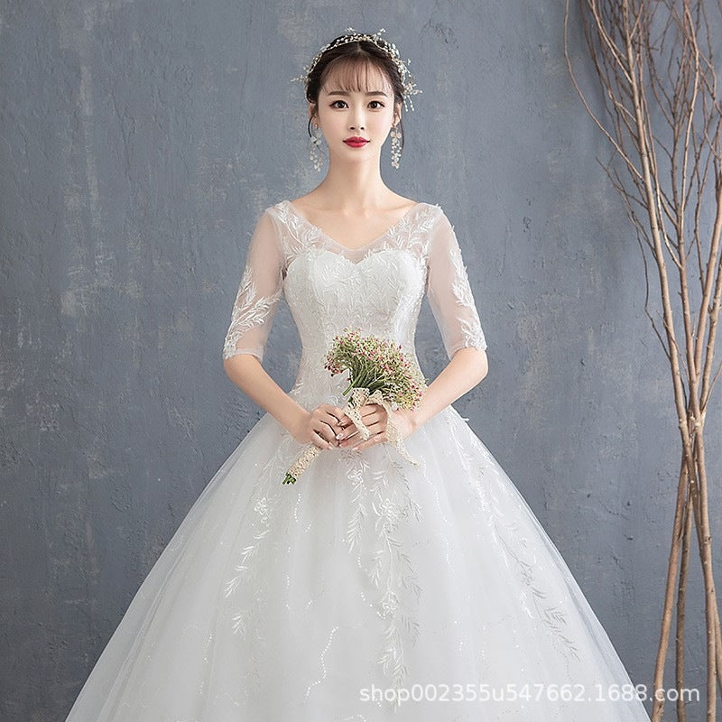 Tiktok Main Wedding Dress 2022 New V-neck Sexy Bridal Wedding Half Sleeve Floor-Length White Simple Lace Slimming Women