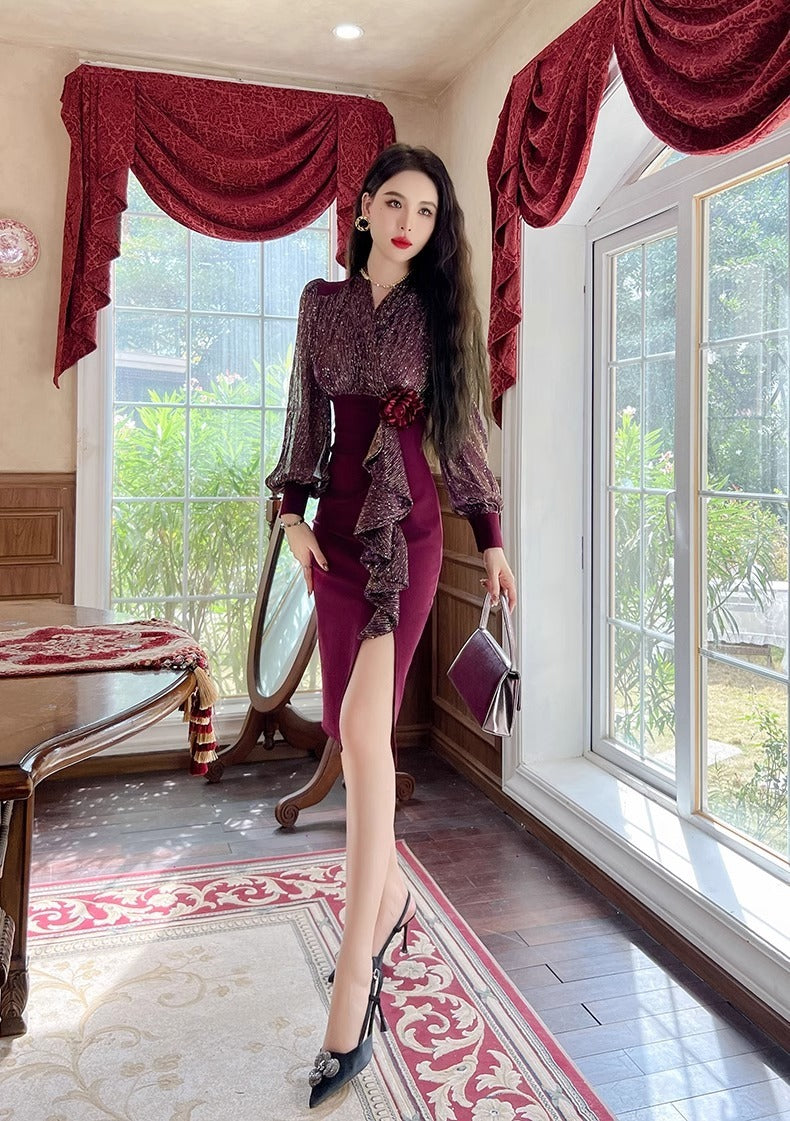 New Fall Women's Clothing Slim Fit Slimming Long Sleeves Dress Elegant High Sense Light Luxury Minority Red Engagement Dress