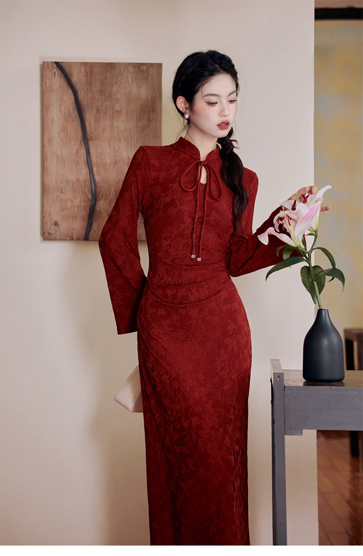 New Chinese Style Women's Long Sleeve Wine Red Dark Pattern Improved Engagement Cheongsam Family Visiting Shoes Toast Dress Wedding Dress