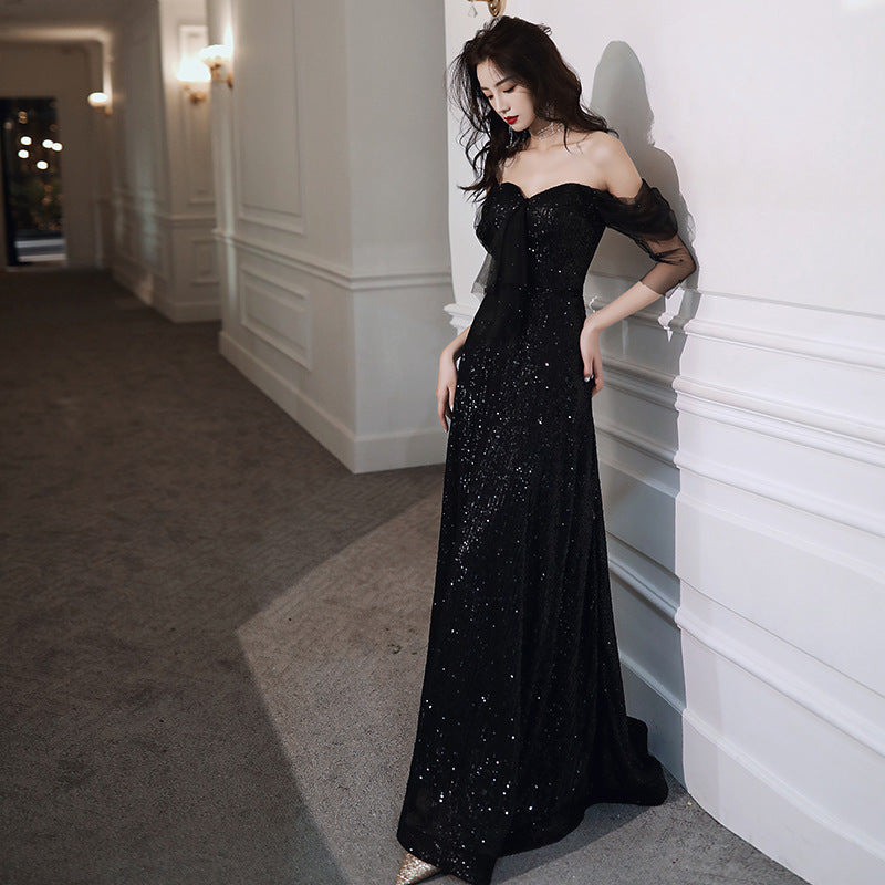 Black Evening Dress Host French Style 2024 New Women's Banquet Temperament Daily Style Slimming Queen Dress