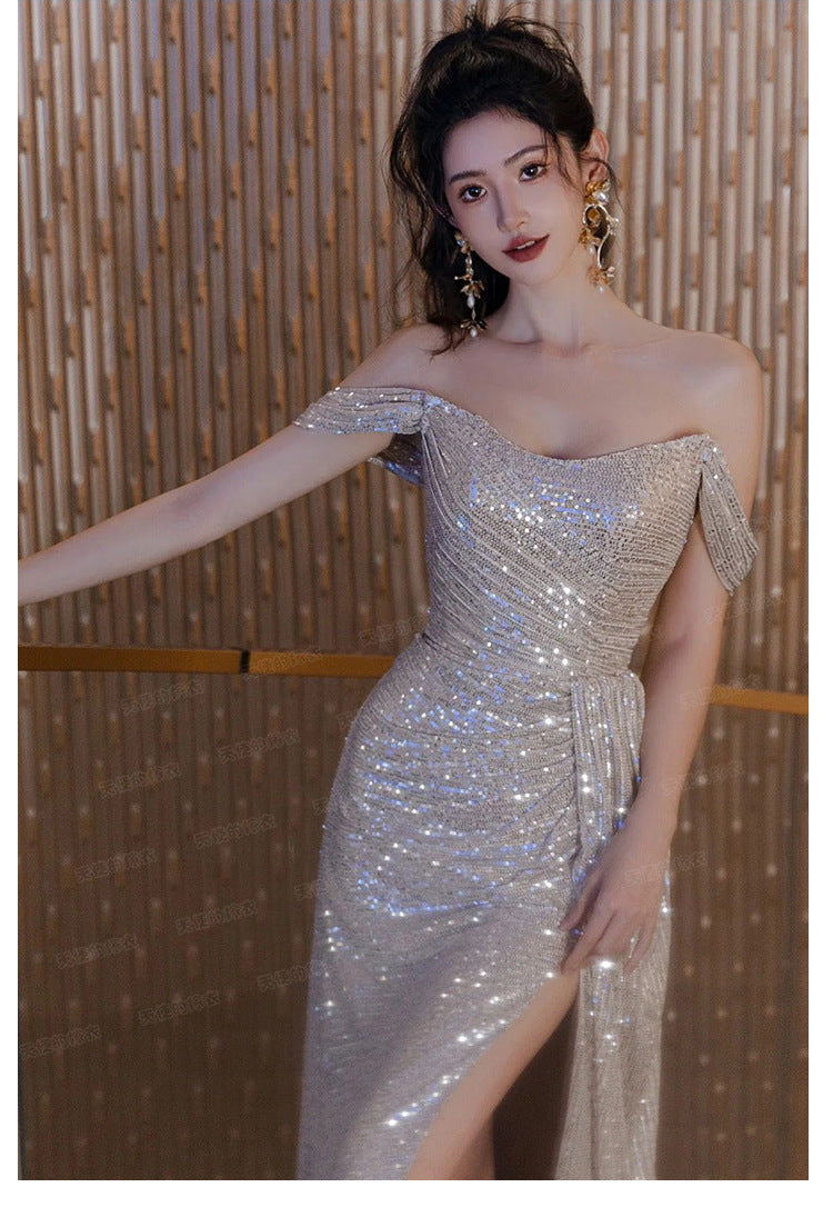 off-Shoulder Fashion Trendy Silver Gray Bridal Wedding Toast Dress Banquet Performance Host Wedding Evening Dress