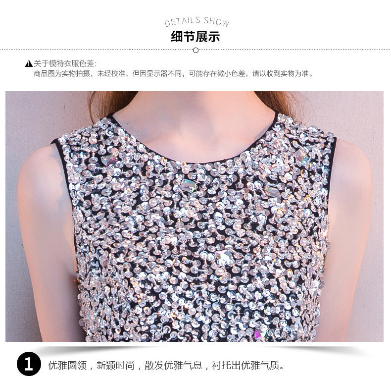 Black Evening Dress Women's New Banquet Noble Performance Front Short Back Long Host round Neck Sequins Small Dress Stage