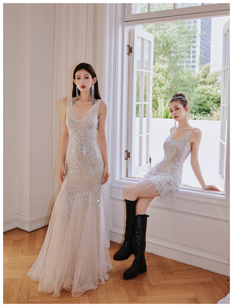 Mermaid Banquet Evening Dress 2024 New High-Grade Fine Glitter Dress Mesh Fishtail Dress Small Dress