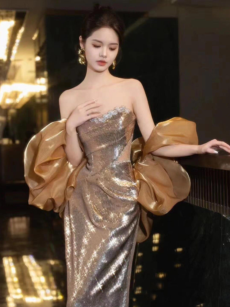 Golden Evening Dress 2024 High-Grade Wine Red Tube Top Bride Engagement Toast Dress Banquet Temperament Host