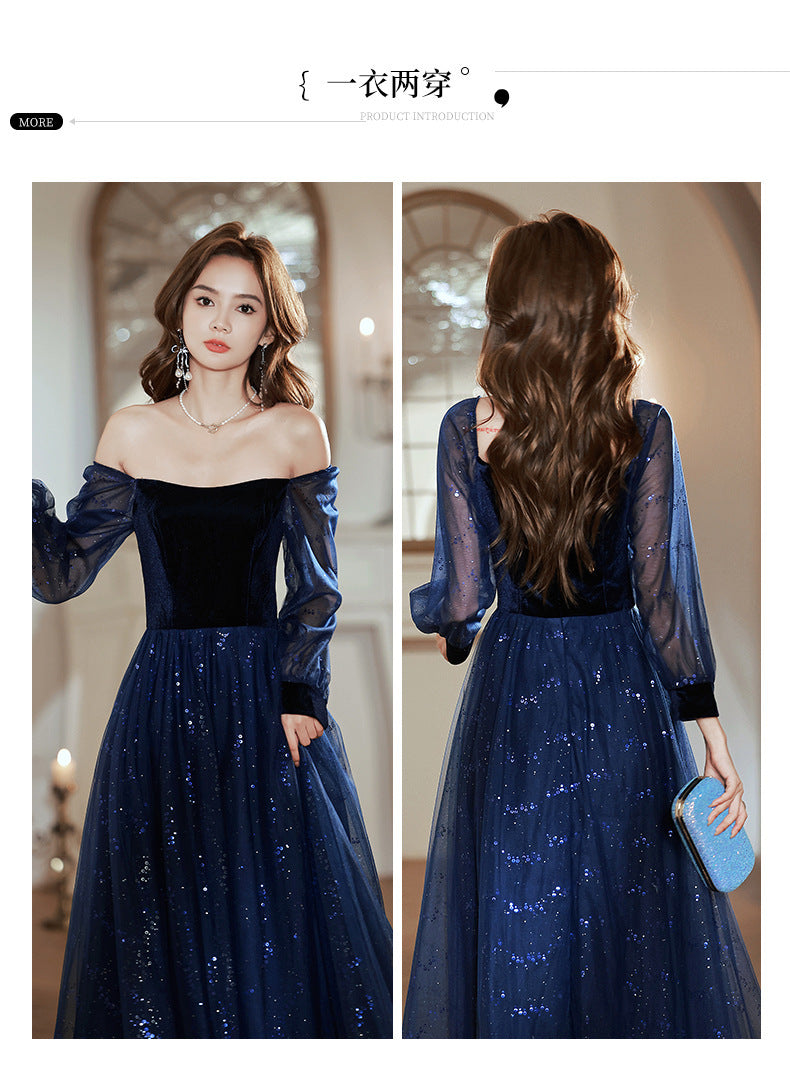 Women's Long-Sleeved Evening Dress for Banquet, High Sense High-End Affordable Luxury Niche Blue Sequined Conductor Chorus Solo Performance Costume