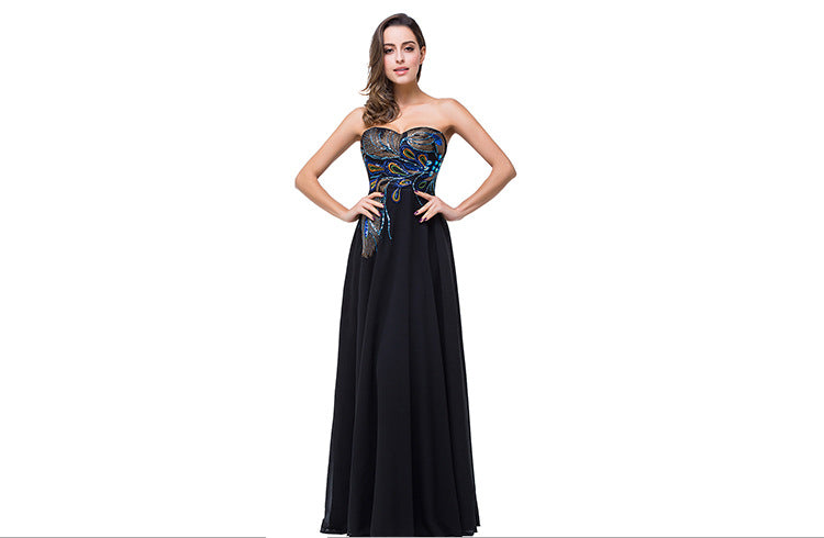 Wholesale Performance Ball Beaded Long Evening Dress Sleeveless Tube Top Embroidered Chiffon Dress Banquet Party Dress