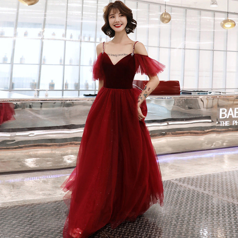 Toast Dress Bride Wine Red Dress Slimming Temperament 2022 New Banquet Strap Handmade Marriage Engagement Dress