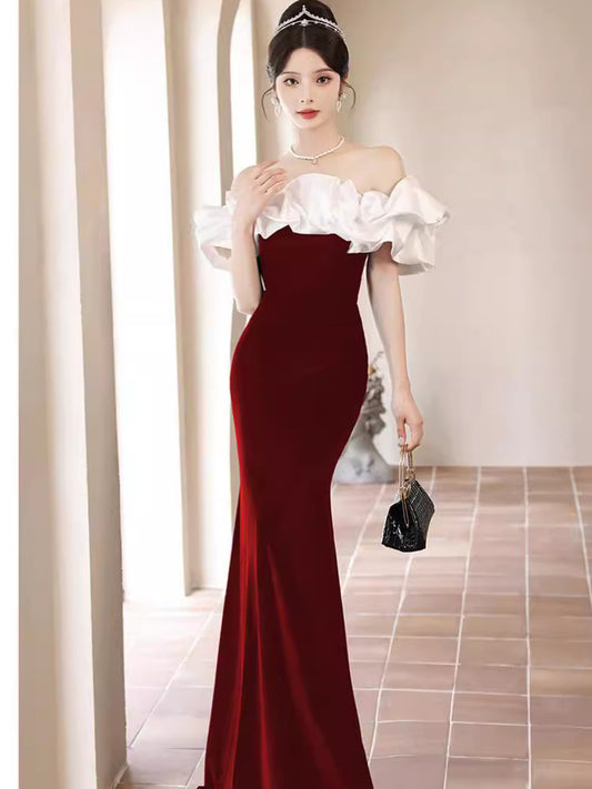 2024 New Summer Red Bardot Temperament Ladies Party Dress Host Dress Slim Fit Fishtail Dress