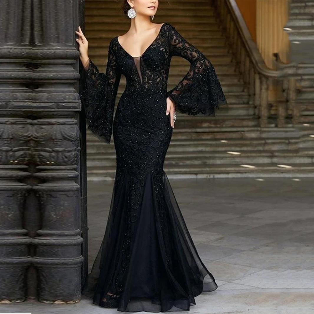 2024 Spring/Summer Cross-Border New Arrival European and American Evening Dress Noble Sexy Slim Fishtail Long Banquet Dress Dress