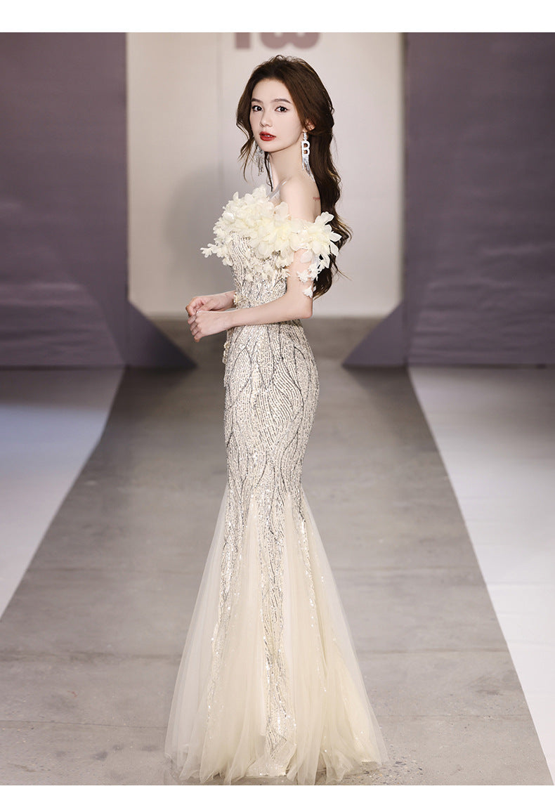 Fishtail Evening Dress 2024 off-Shoulder High-End Affordable Luxury Niche High-End Host Sequined Annual Meeting Dinner Flash