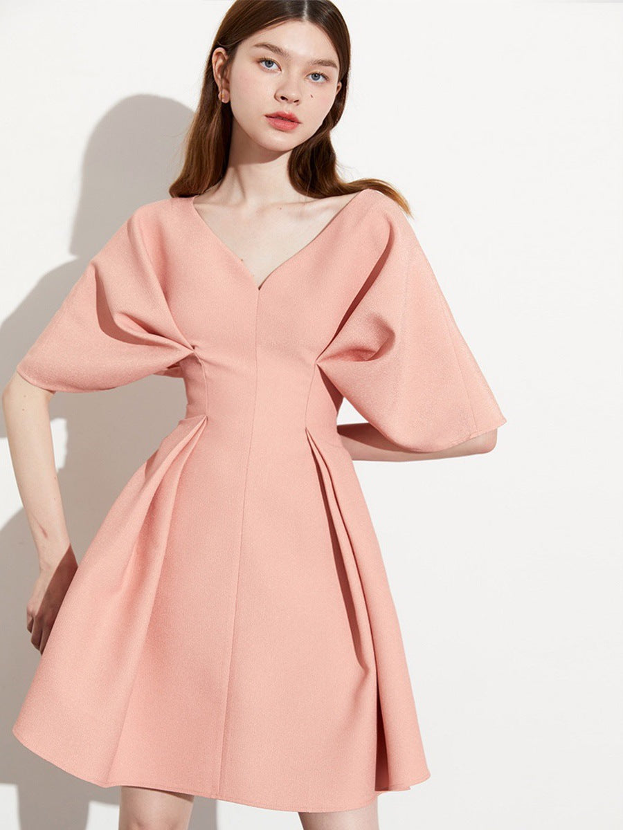 Tanglimei 2024 Spring/Summer Fitted Waist Pleated Slim-Fit Formal Dress Pink Western Style Girly Temperamental Skirt Daily Style