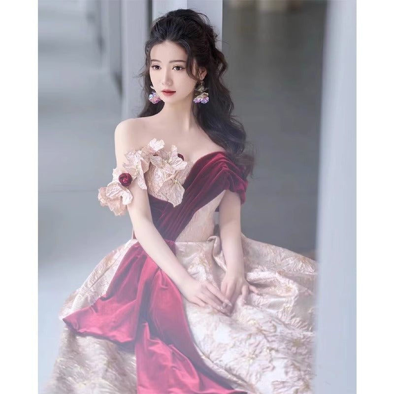 Evening dress gala ball gown pink flower red satin off shoulder Banquet French Bride H8923