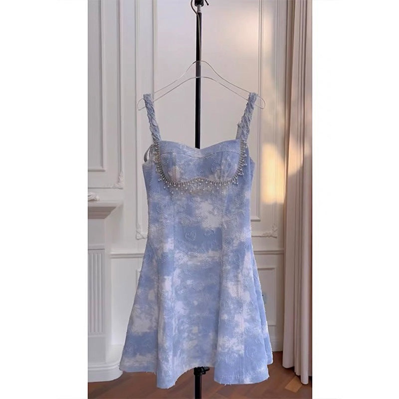 Socialite Waist-Tight Dress Slimming Denim Jacquard Sling Dress Beaded French Retro Tassel Blue Chenille