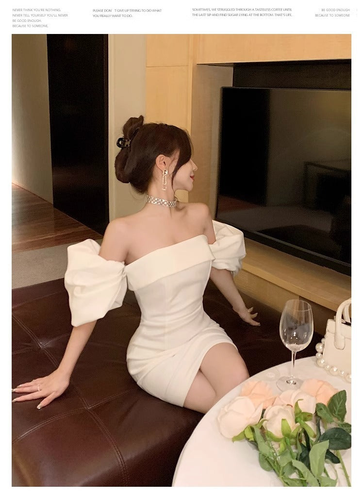 Sexy White off-Shoulder Dress Women's 2024 Spring and Summer New High-End Sense Temperament Banquet Light Dress Women's Fashion