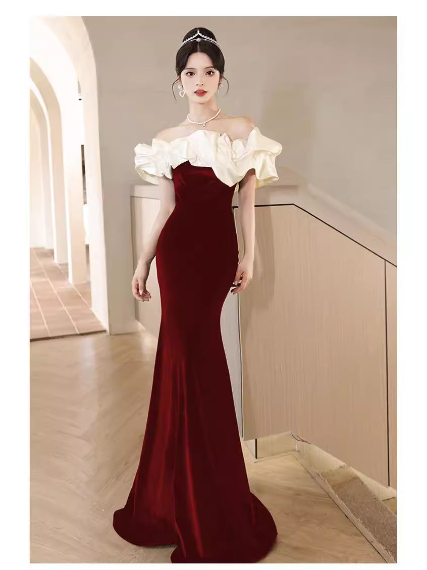 2024 New Summer Red Bardot Temperament Ladies Party Dress Host Dress Slim Fit Fishtail Dress