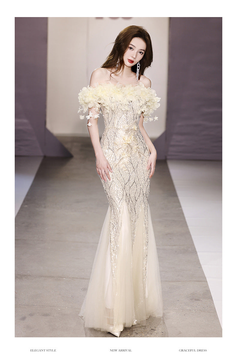 Fishtail Evening Dress 2024 off-Shoulder High-End Affordable Luxury Niche High-End Host Sequined Annual Meeting Dinner Flash