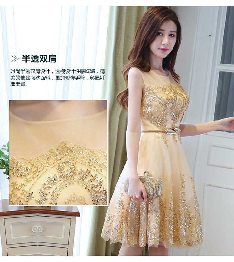 Bridesmaid Dress Short New Fashion Host Gold Evening Dress Slimming Dress for Women