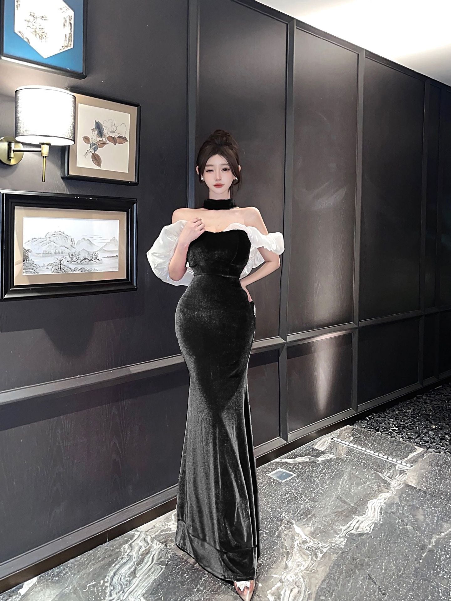 4302 Gold Velvet off-Neck Slim Temperament Slimming Dress Long Fishtail Advanced Banquet Host Evening Wear