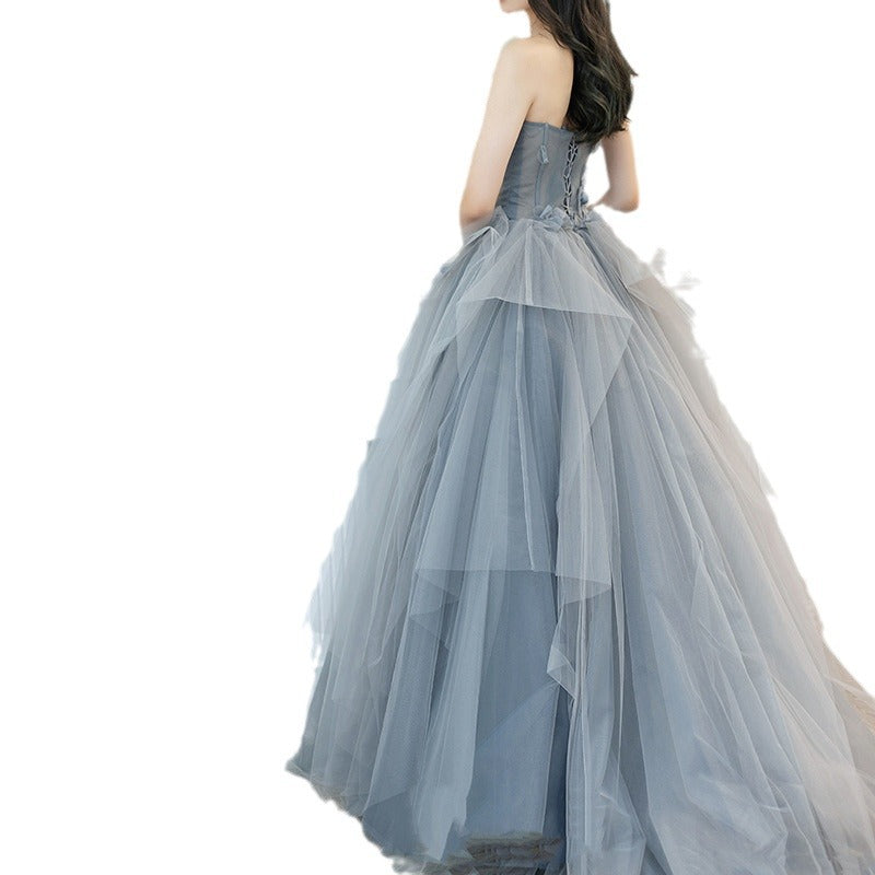 Elegant Gown Evening Dress Long Art Exam Vocal Music Host Pettiskirt Costume Grey Dresses HJ2203