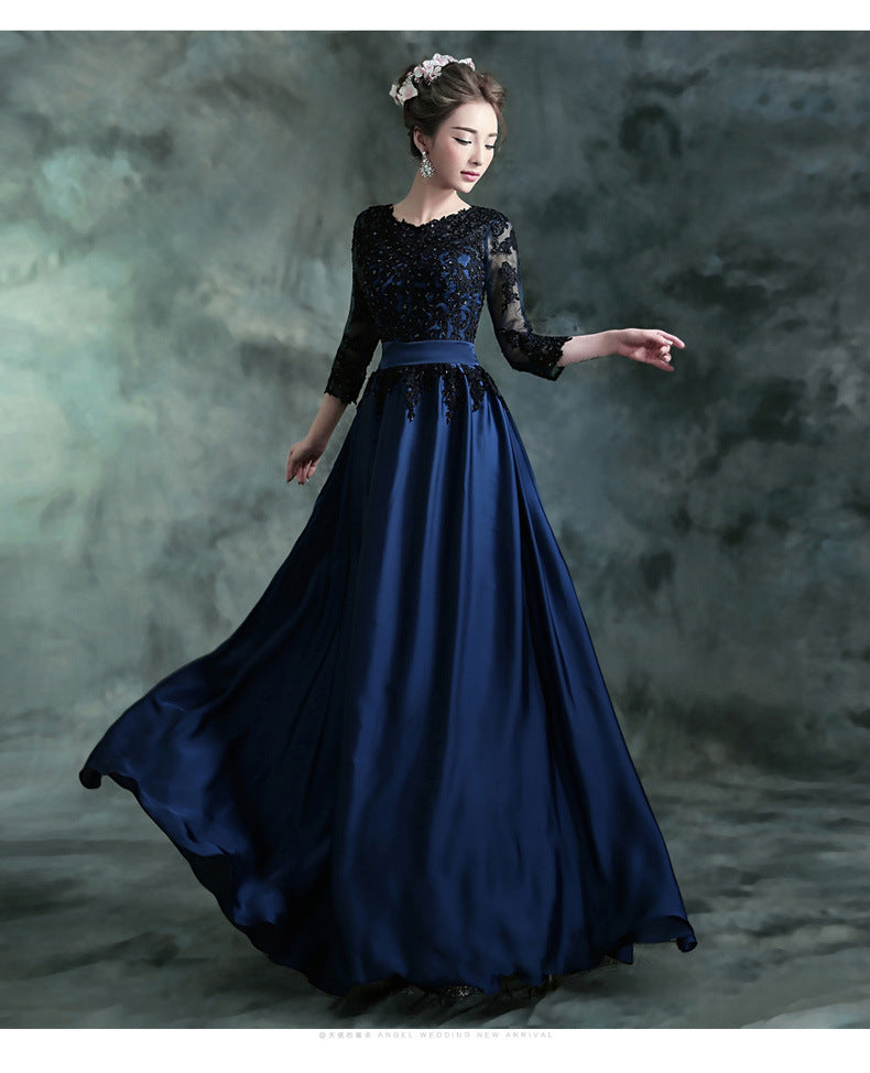 Blue and Black Mid-Length Long-Sleeved Bridal Wedding Dress 2024 New Autumn and Winter Banquet Annual Meeting Performance Host Long Evening Dress