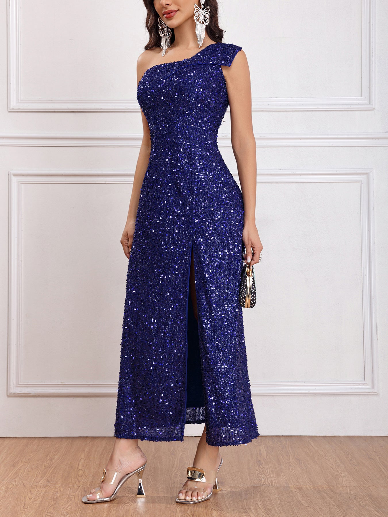 European and American Style New Women's Clothing 2024 Spring Fashionable Sequins Shoulder Sleeveless Split Dress Solid Color Foreign Trade Wholesale