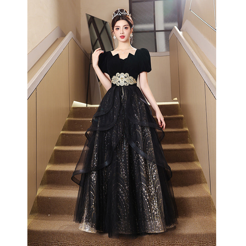 Black Evening Dress French Style High Sense 18-Year-Old Adult Ceremony Small Size Dress Banquet Host 2024 New