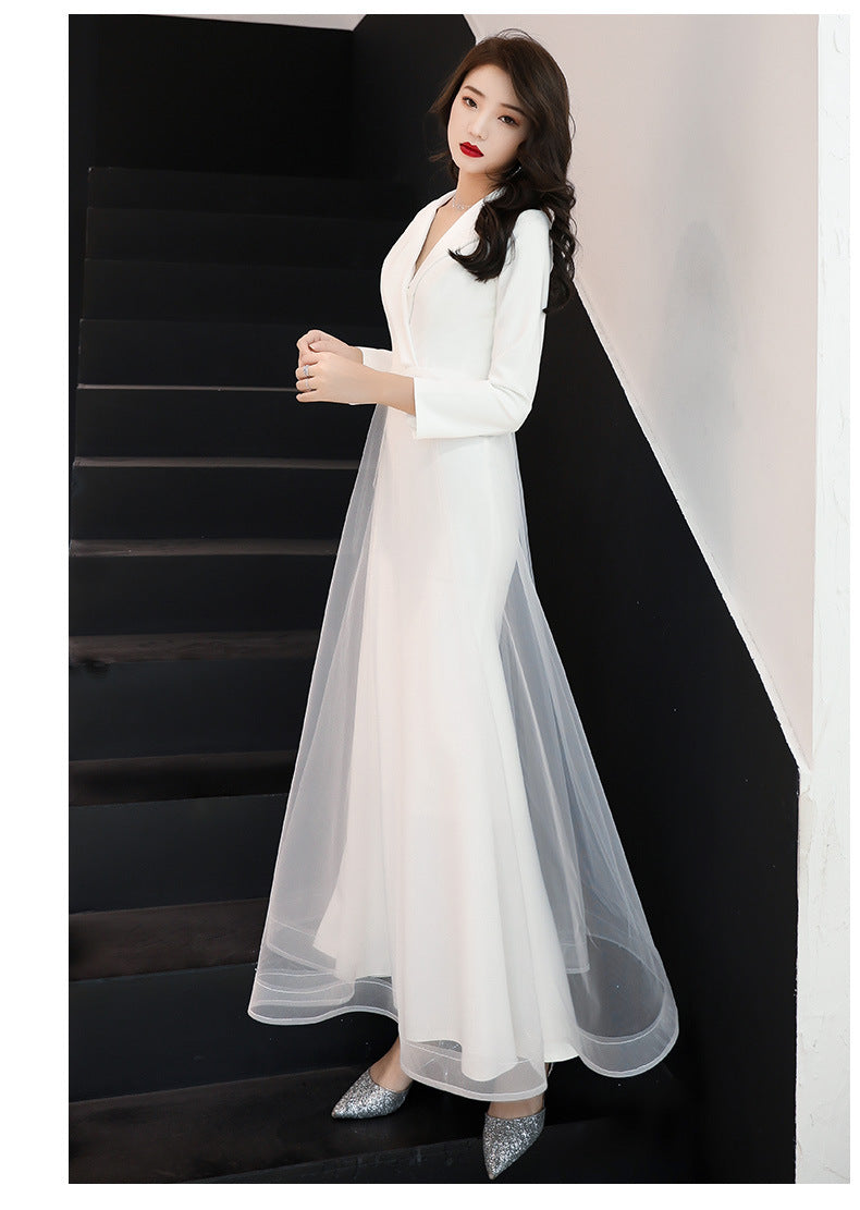 White Evening Dress Women's Long-Sleeved Annual Meeting Host Fishtail Dinner Dress 2024 New Socialite Long Temperament Slimming