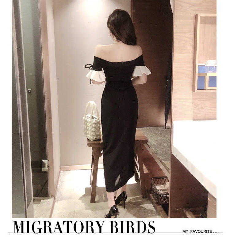 Women's off-Shoulder Black Banquet Evening Dress 2024 New Long Slim Fit Slimming Dress