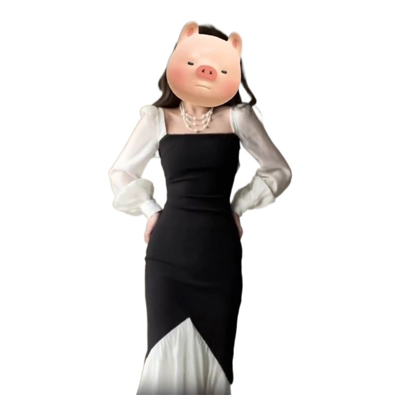 French Square Collar Color Contrast Patchwork Dress Women's Elegant Early Spring and Autumn New Slim Fit High Waist Fishtail Long Skirt Fashion
