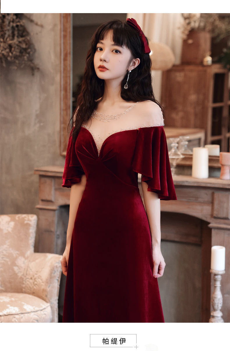 Toast Dress Bride 2024 New Autumn Wine Red V-neck Banquet Evening Dress Elegant Figure Flattering Wedding Toast Dress