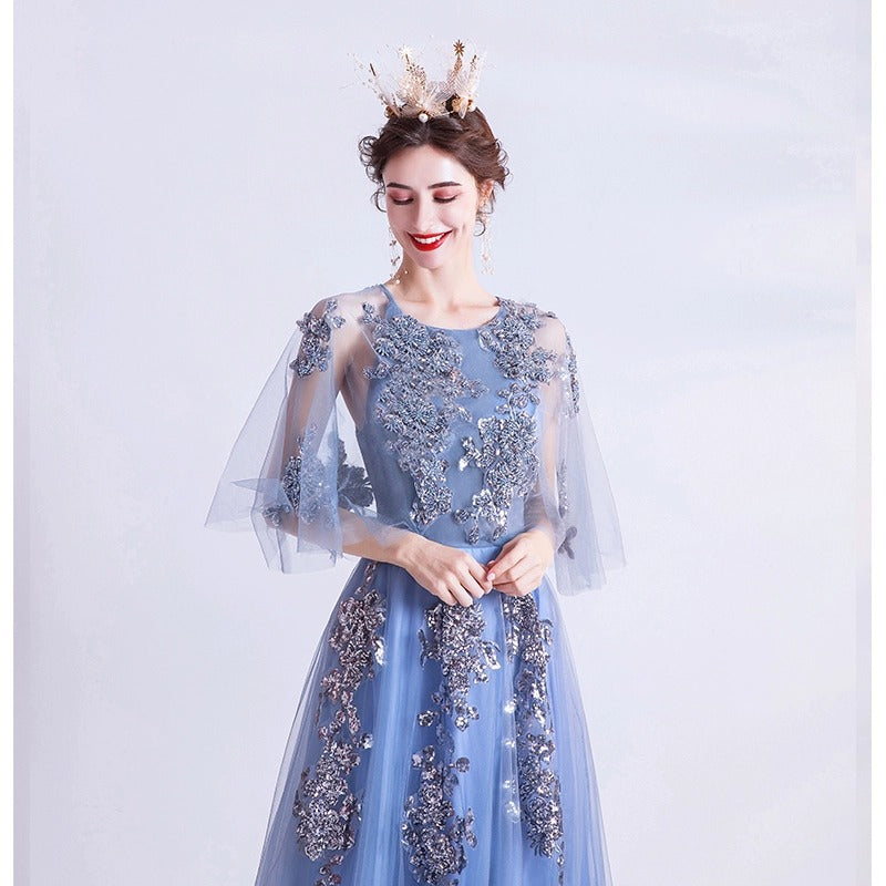 Blue Veils Slimming Banquet Annual Meeting Stage Performance Host Wedding Dress Evening Gown 273