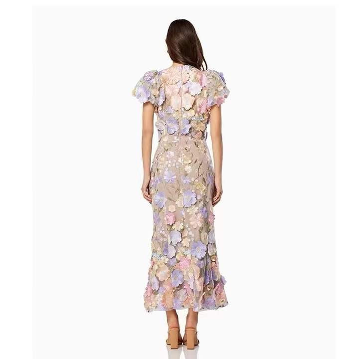 Spring 2024 Cross-Border New Arrival Light Luxury round Neck Embroidered Three-Dimensional Flower Puff Sleeve Mid-Length Dress Hip Skirt