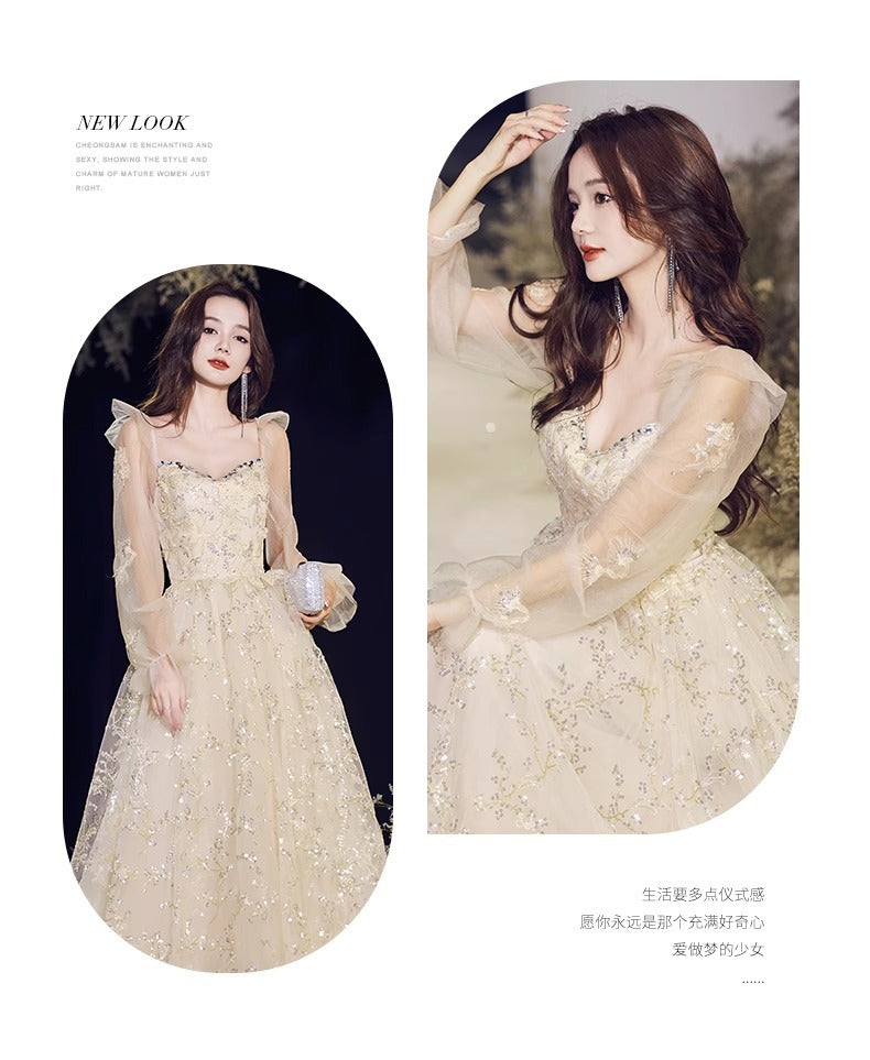 Banquet evening dress high-grade Champagne temperament host fairy dinner Annual Meeting dress long sleeve autumn women