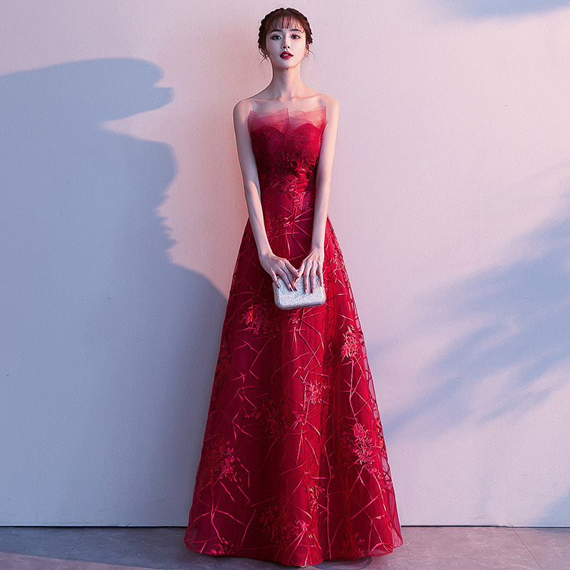 Toast Dress Bride 2024 New Autumn Winter Sexy Strapless Long Type Slimming Wedding Appreciation Dinner Red Evening Dress for Women