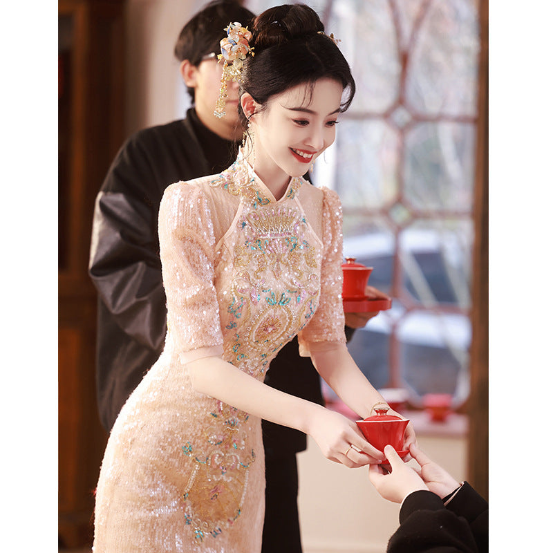 Chinese Toast Gown Bridal High Sense 2024 New Casual Dress for Wedding Day Back-to-Door Banquet Engagement Dress Winter