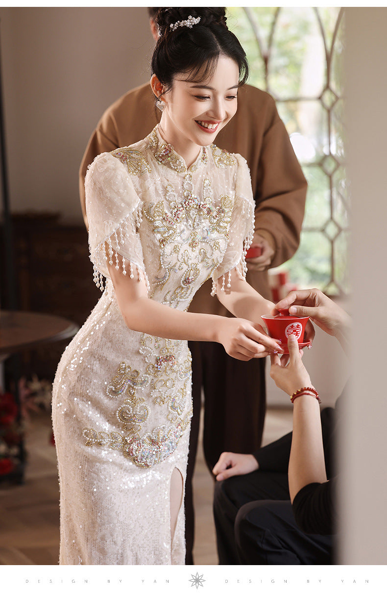 New Chinese Evening Dress Light Luxury High-End Toast Dress Bride Bride Outfit Champagne Cheongsam Engagement Dress Spring