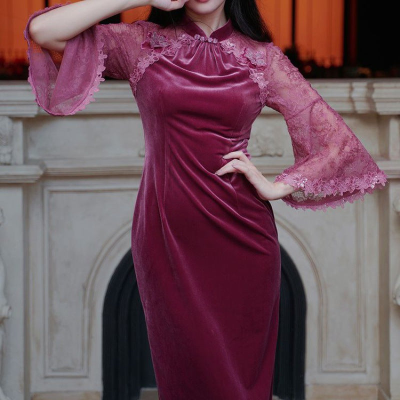 Banquet Red Dress and Cheongsam Female Ruofu Autumn and Winter 2024 New Year Velvet Noble Improved Dress Republic of China Style