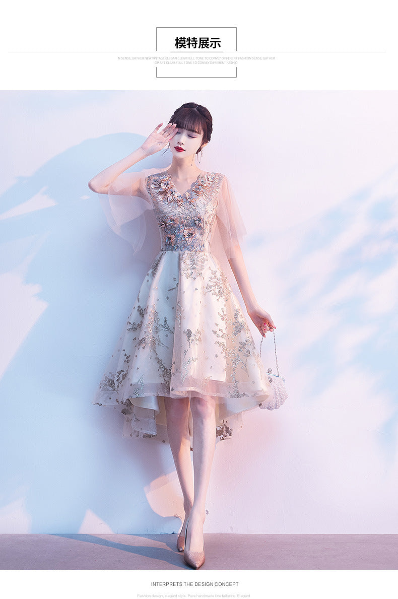 Evening Dress for Women Banquet Temperament Fairy Light Luxury Minority High-End Host Short Front Short Back Length Dress
