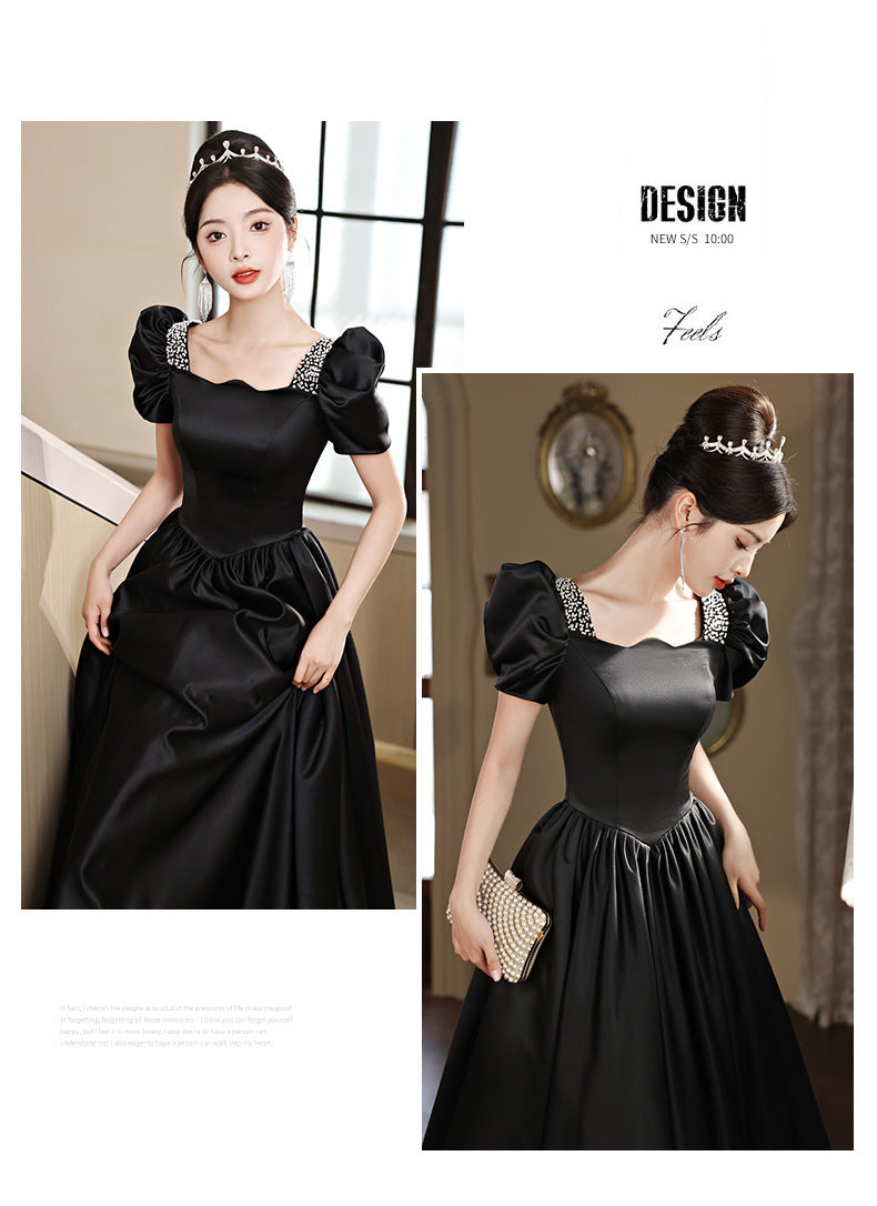 Black Evening Dress Women's Satin High Sense High-End Affordable Luxury Niche Banquet Adult Ceremony Temperament Host Art Test