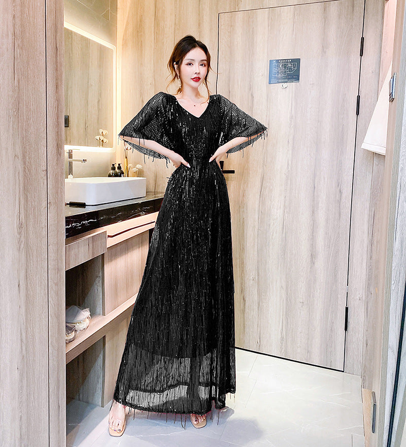 Starry Evening Dress Dignified Temperament Bride Toast Dress V-neck Flared Sleeves Sequined Tassel Slimming Long Dress Women